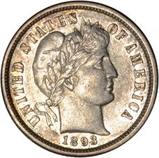 $0.10 1893-S Barber 10c Dime - AU Prooflike