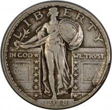 Error $0.25 1918-D Standing Liberty Quarter Misaligned Die & Delaminating Planchet - XF